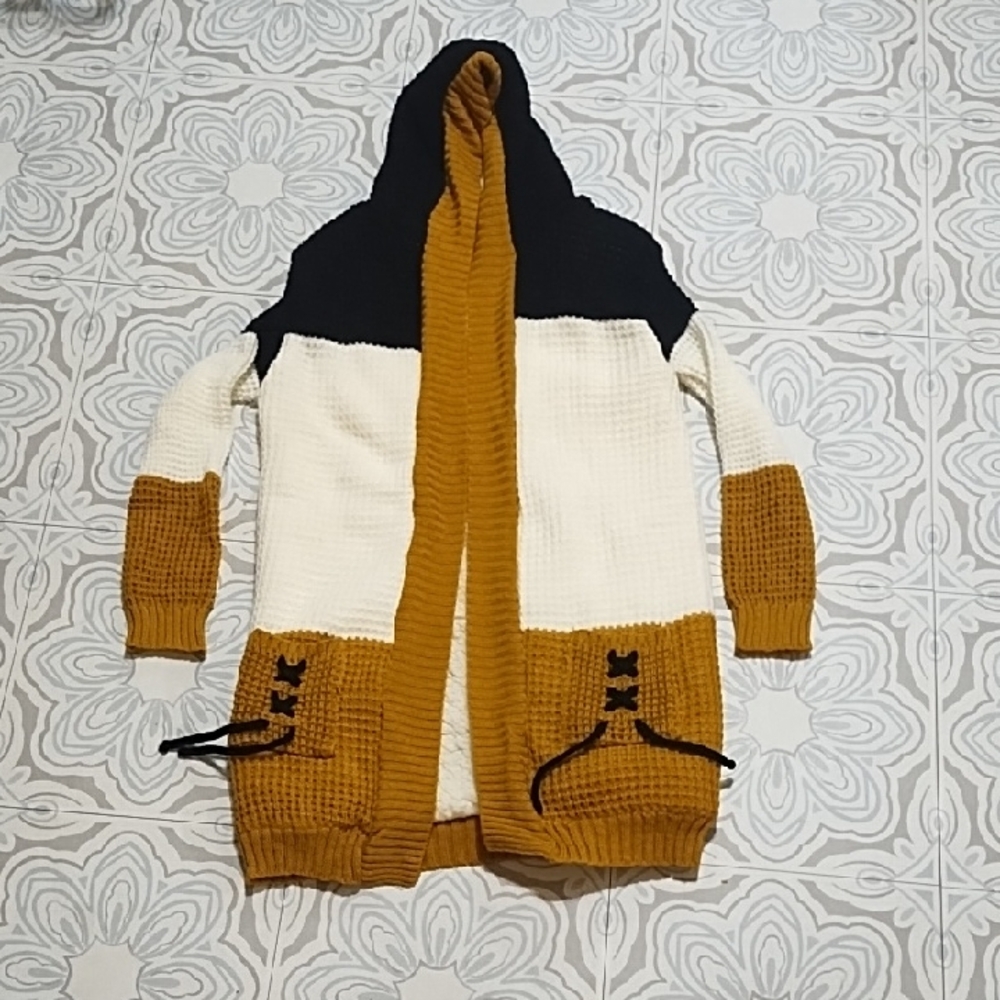 Gorgeous Fall Knit Jacket Colorblock Hooded Cardigan Pockets Coat Fleece Interio